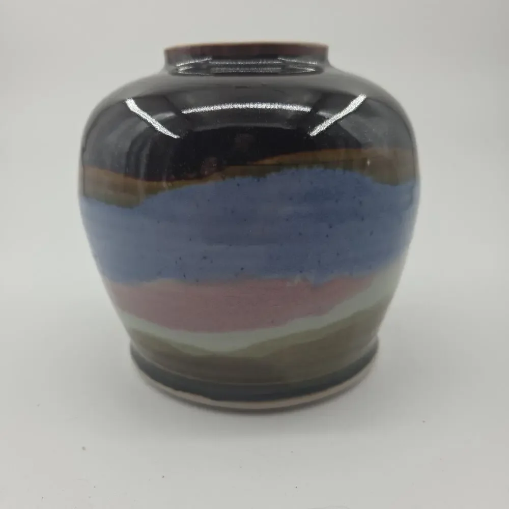 Signed‎ Studio Pottery Vase Drip Glaze Blue Brown Mauve Modern Art Pottery 5.5